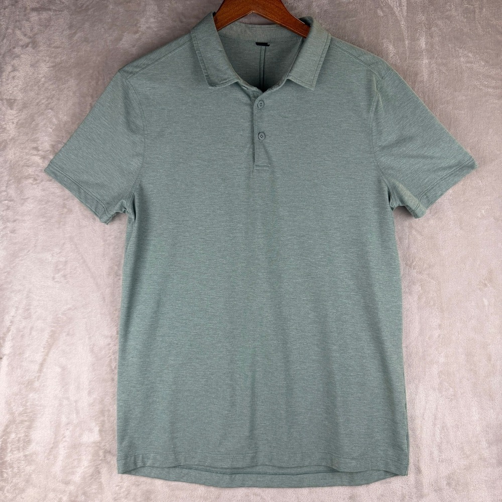 Lululemon Mens Short Sleeve Heathered Sage Green Polo Shirt Large Golf Tech